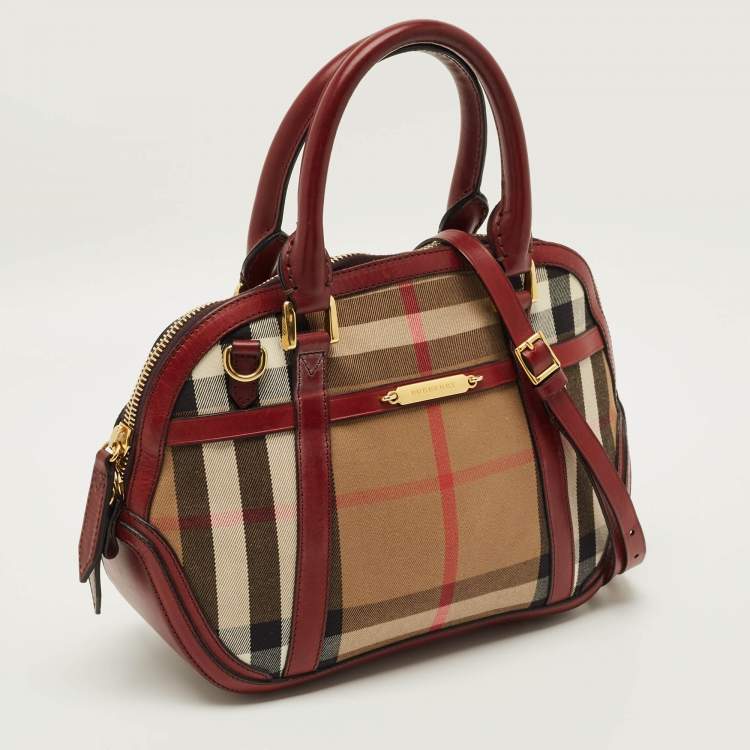 مملوكة مسبقًا Burberry Orchard Burgundy/Beige House Check Fabric and Leather Bowler Bag