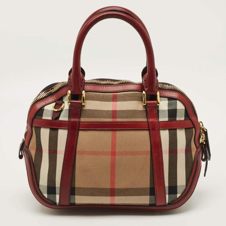 مملوكة مسبقًا Burberry Orchard Burgundy/Beige House Check Fabric and Leather Bowler Bag