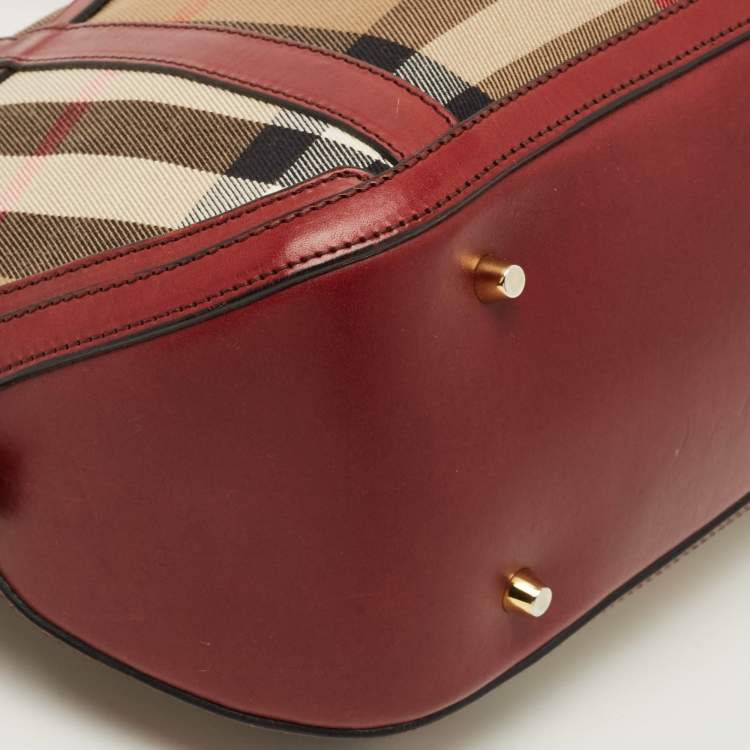 مملوكة مسبقًا Burberry Orchard Burgundy/Beige House Check Fabric and Leather Bowler Bag
