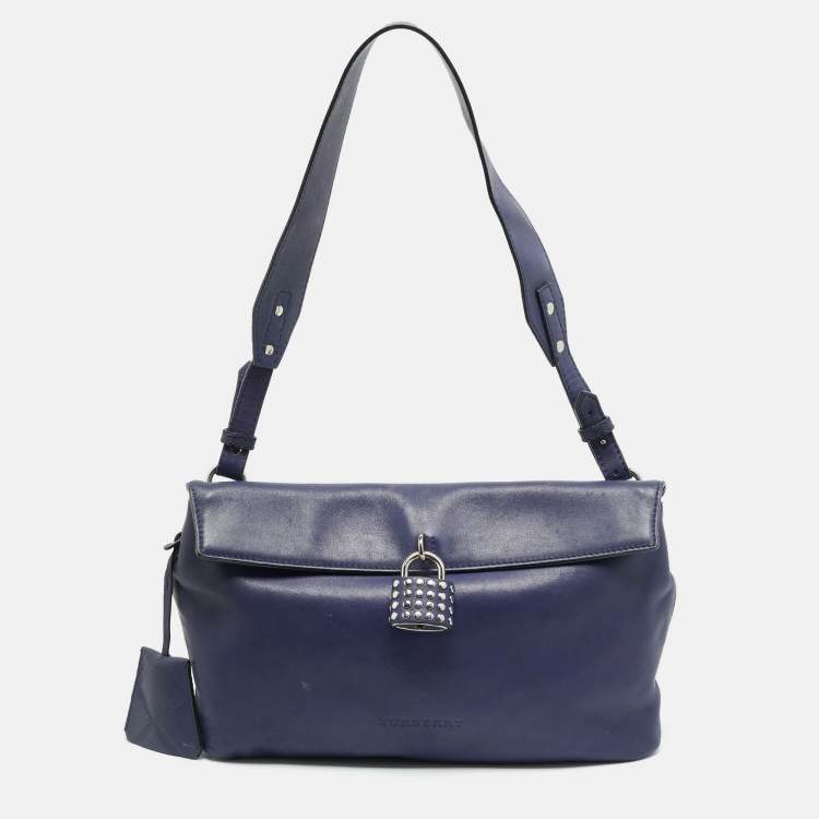Pre Owned Burberry Dalston Navy Blue Leather Shoulder Bag