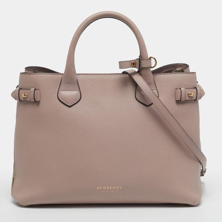 Pre Owned Burberry Banner Medium Pink/Beige Leather and House Check Fabric Tote