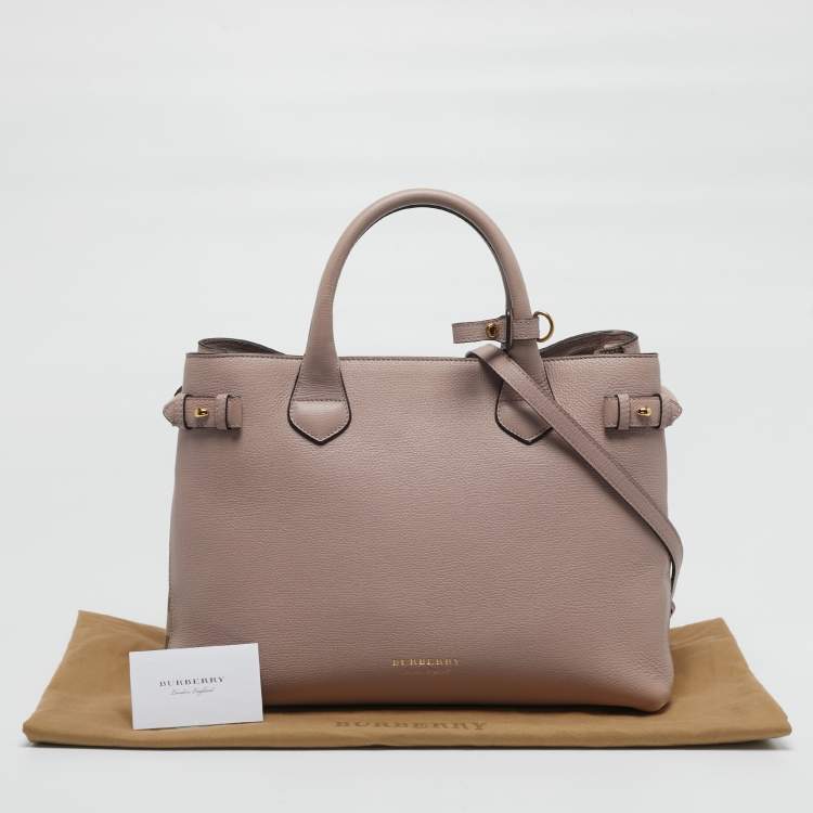 Pre Owned Burberry Banner Medium Pink/Beige Leather and House Check Fabric Tote