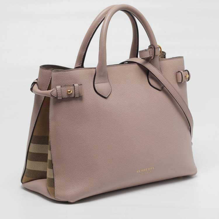 Pre Owned Burberry Banner Medium Pink/Beige Leather and House Check Fabric Tote