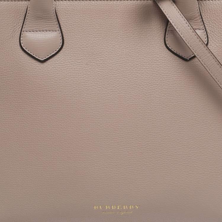 Pre Owned Burberry Banner Medium Pink/Beige Leather and House Check Fabric Tote