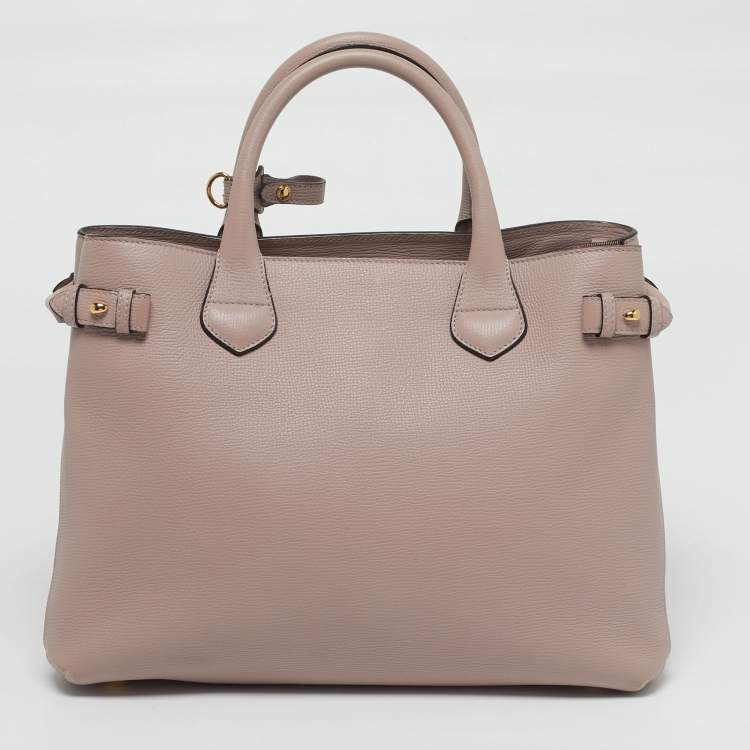 Pre Owned Burberry Banner Medium Pink/Beige Leather and House Check Fabric Tote