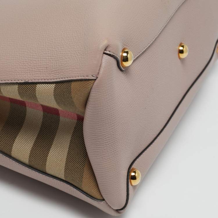 Pre Owned Burberry Banner Medium Pink/Beige Leather and House Check Fabric Tote