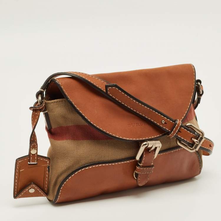 Pre Owned Burberry Henham Brown Mega Check Canvas and Leather Crossbody Bag