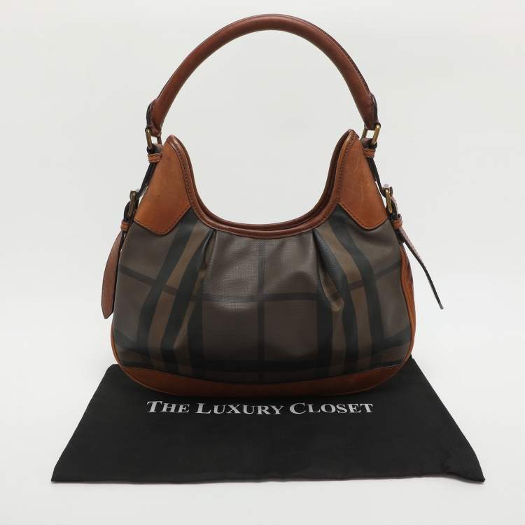 Pre Owned Burberry Brooklyn Brown House Check PVC and Leather Hobo