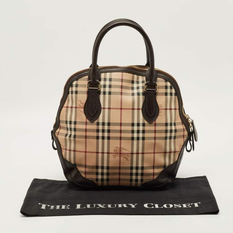 Pre Owned Burberry Orchard Dark Brown/Beige Coated Canvas Haymarket Check Bowler Bag