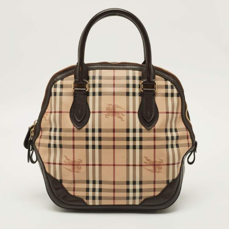Pre Owned Burberry Orchard Dark Brown/Beige Coated Canvas Haymarket Check Bowler Bag