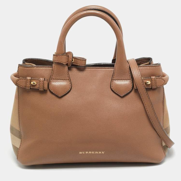 Pre Owned Burberry Banner Small Brown/Beige House Check Fabric and Leather Tote