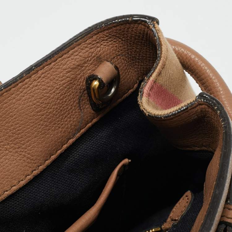 Pre Owned Burberry Banner Small Brown/Beige House Check Fabric and Leather Tote