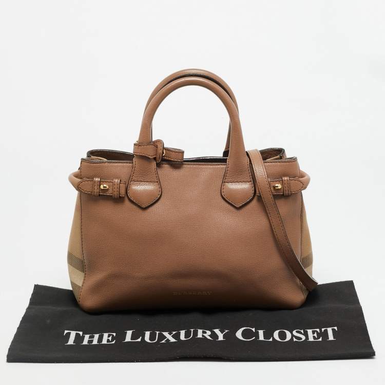 Pre Owned Burberry Banner Small Brown/Beige House Check Fabric and Leather Tote