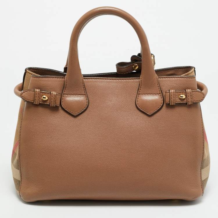 Pre Owned Burberry Banner Small Brown/Beige House Check Fabric and Leather Tote