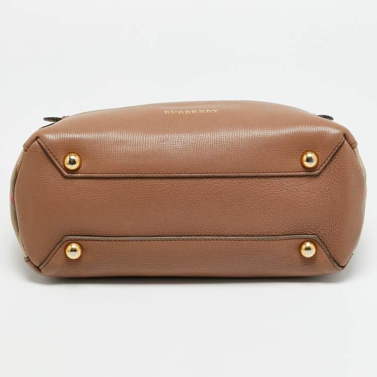 Pre Owned Burberry Banner Small Brown/Beige House Check Fabric and Leather Tote