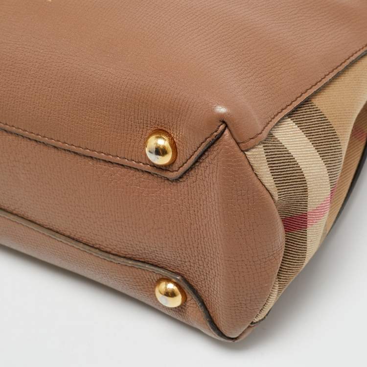 Pre Owned Burberry Banner Small Brown/Beige House Check Fabric and Leather Tote