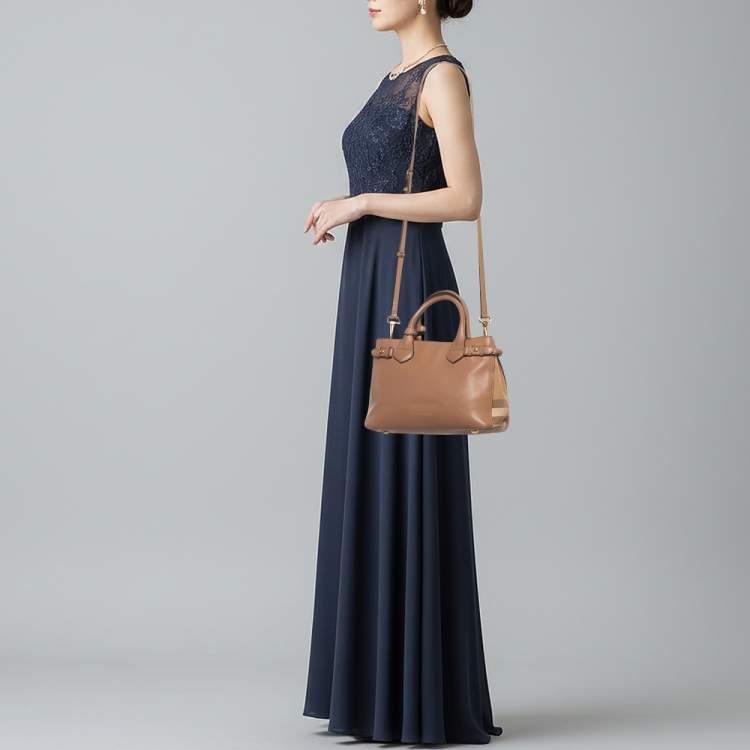 Pre Owned Burberry Banner Small Brown/Beige House Check Fabric and Leather Tote