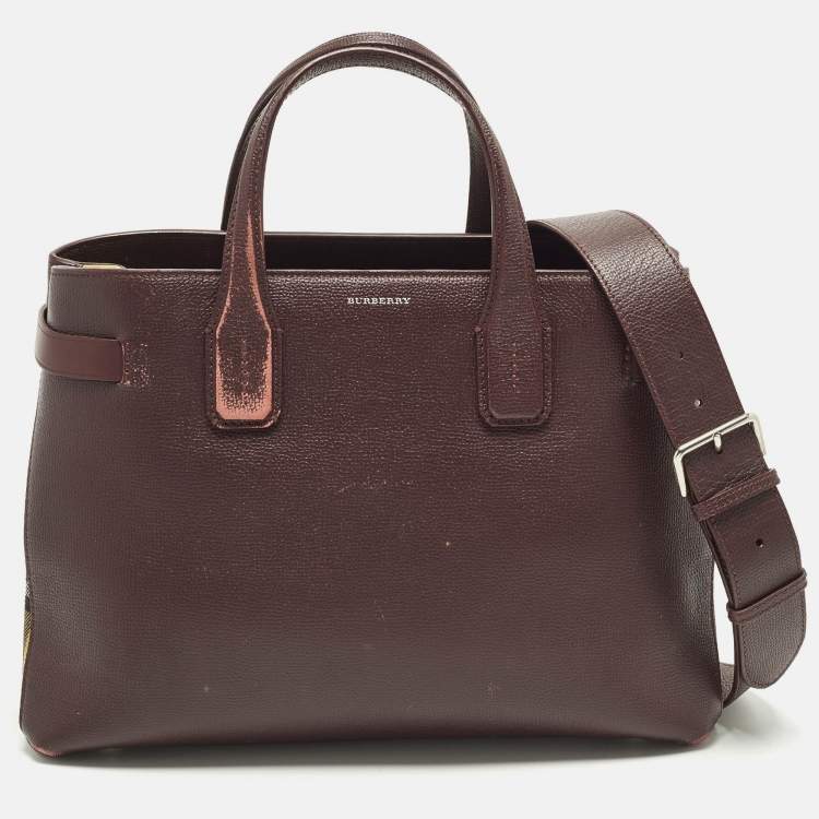 Pre Owned Burberry Banner Medium Burgundy/Beige Leather and House Check Fabric Tote