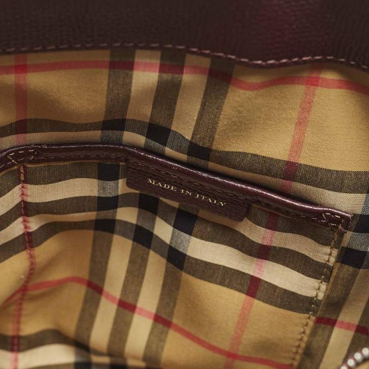 Pre Owned Burberry Banner Medium Burgundy/Beige Leather and House Check Fabric Tote