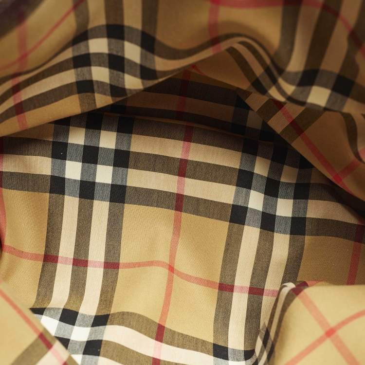 Pre Owned Burberry Banner Medium Burgundy/Beige Leather and House Check Fabric Tote