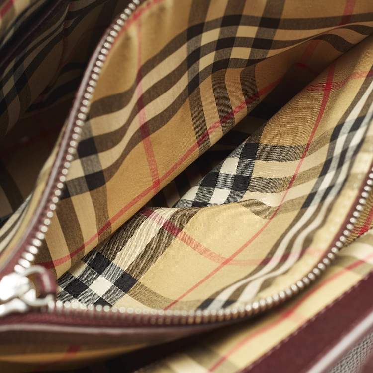 Pre Owned Burberry Banner Medium Burgundy/Beige Leather and House Check Fabric Tote
