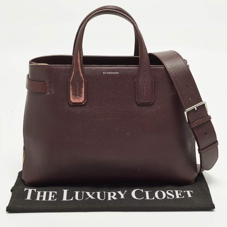 Pre Owned Burberry Banner Medium Burgundy/Beige Leather and House Check Fabric Tote