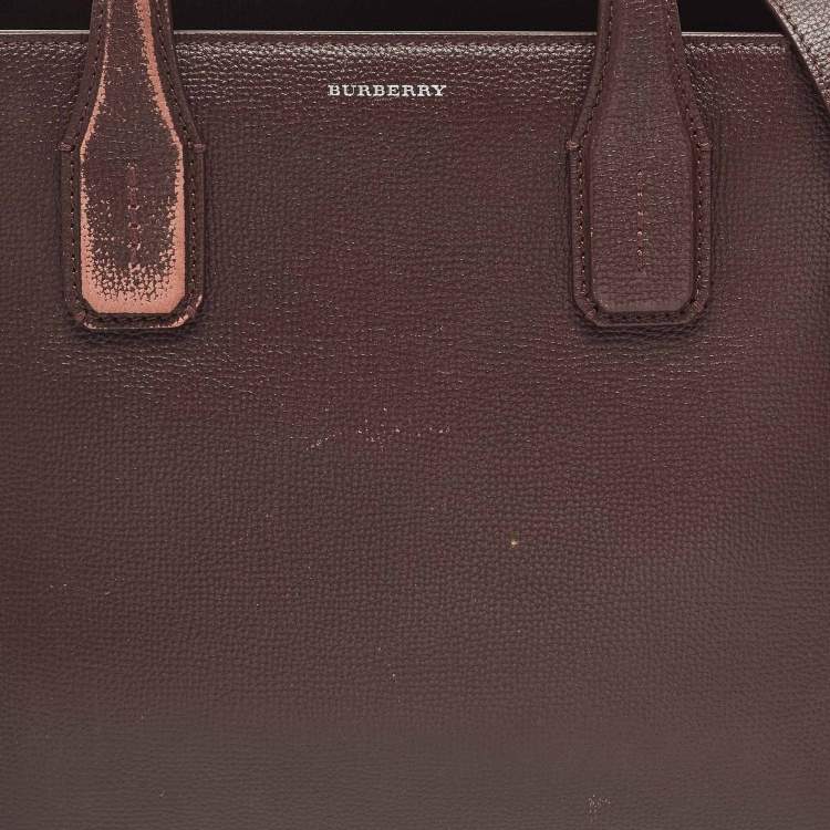 Pre Owned Burberry Banner Medium Burgundy/Beige Leather and House Check Fabric Tote