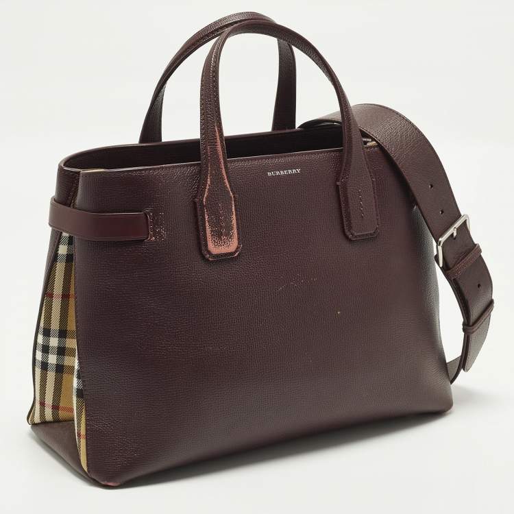 Pre Owned Burberry Banner Medium Burgundy/Beige Leather and House Check Fabric Tote