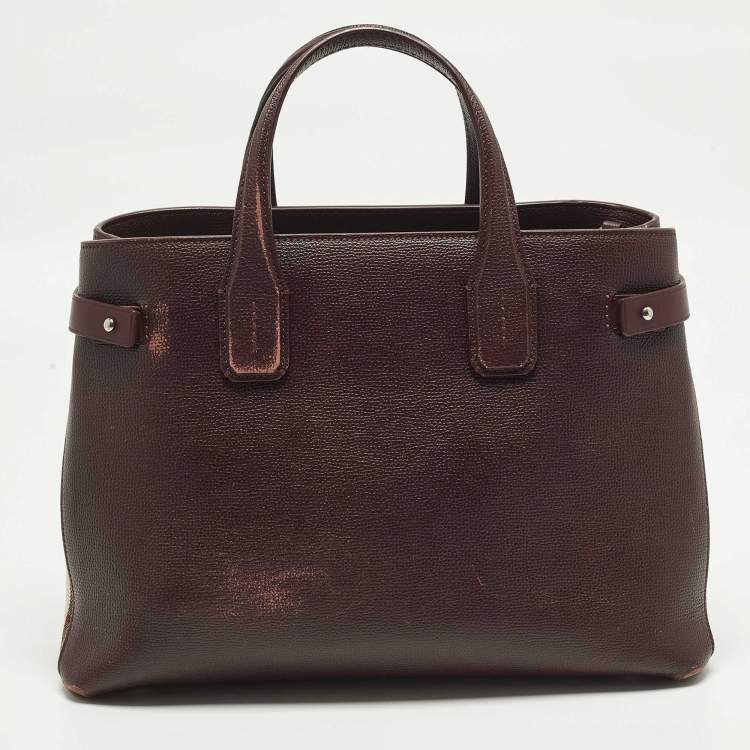 Pre Owned Burberry Banner Medium Burgundy/Beige Leather and House Check Fabric Tote