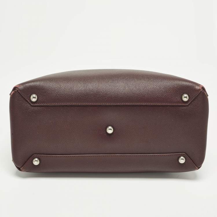 Pre Owned Burberry Banner Medium Burgundy/Beige Leather and House Check Fabric Tote