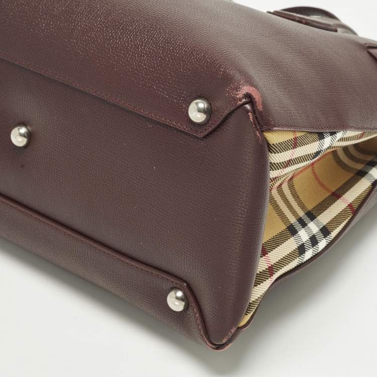 Pre Owned Burberry Banner Medium Burgundy/Beige Leather and House Check Fabric Tote