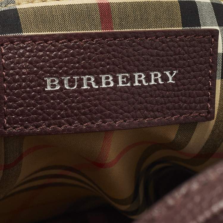 Pre Owned Burberry Banner Medium Burgundy/Beige Leather and House Check Fabric Tote