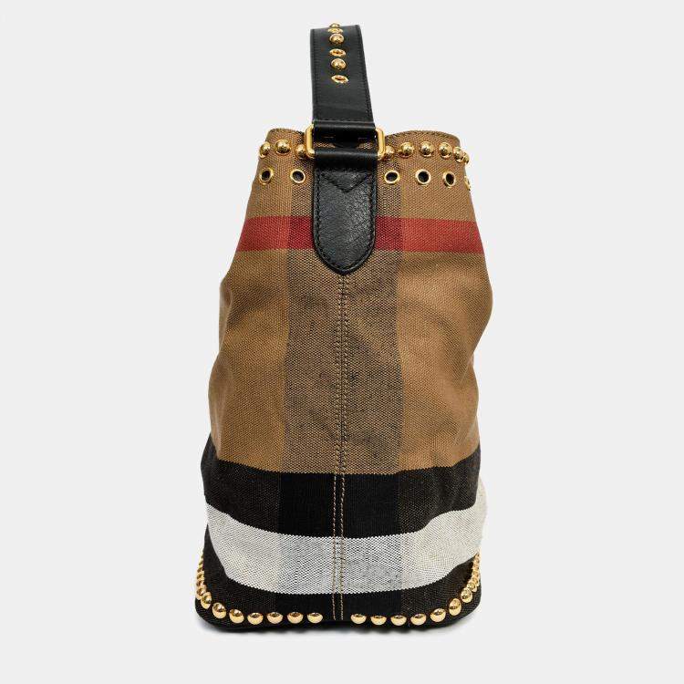Pre Owned Burberry Brown/Black Linen/Leather Novacheck Studded Hobo Bag
