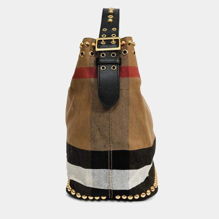 Pre Owned Burberry Brown/Black Linen/Leather Novacheck Studded Hobo Bag