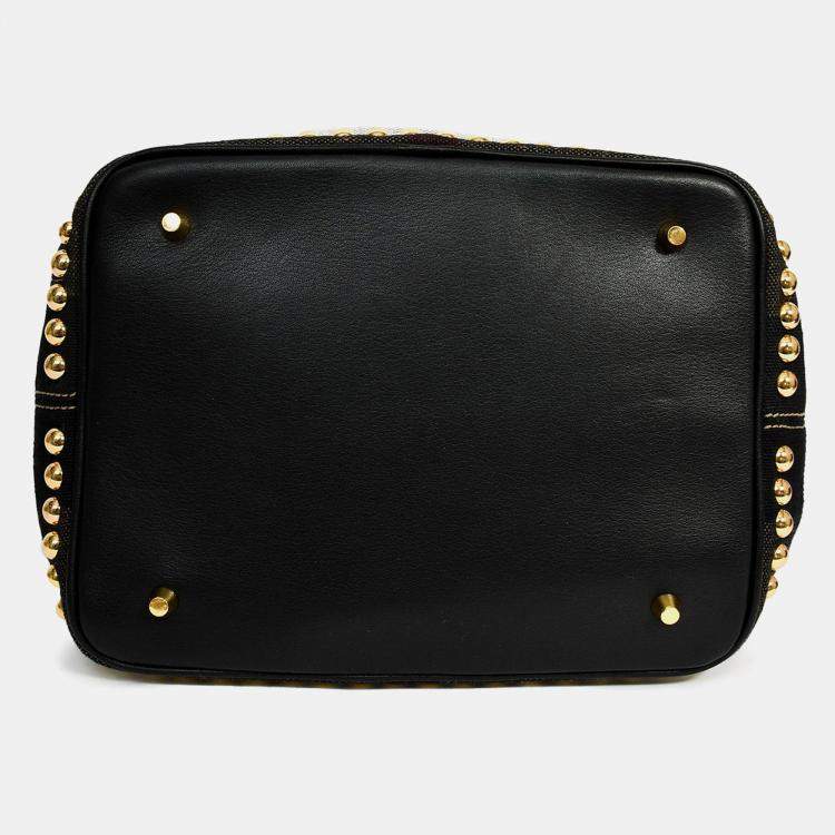 Pre Owned Burberry Brown/Black Linen/Leather Novacheck Studded Hobo Bag