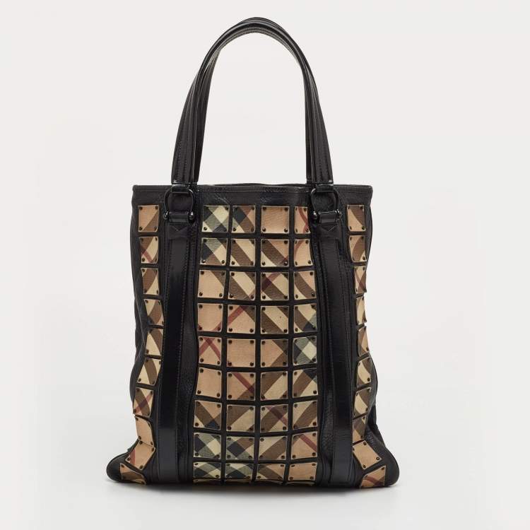 Pre Owned Burberry Brooke Warrior Beige/Black Nova Check PVC and Leather Studded Tote