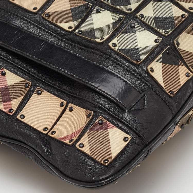 Pre Owned Burberry Brooke Warrior Beige/Black Nova Check PVC and Leather Studded Tote