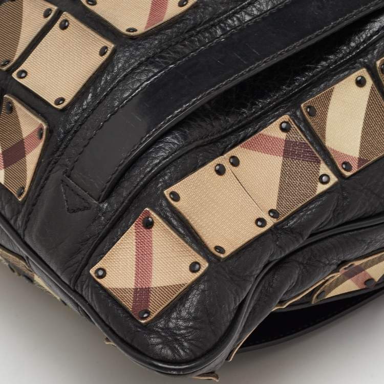 Pre Owned Burberry Brooke Warrior Beige/Black Nova Check PVC and Leather Studded Tote