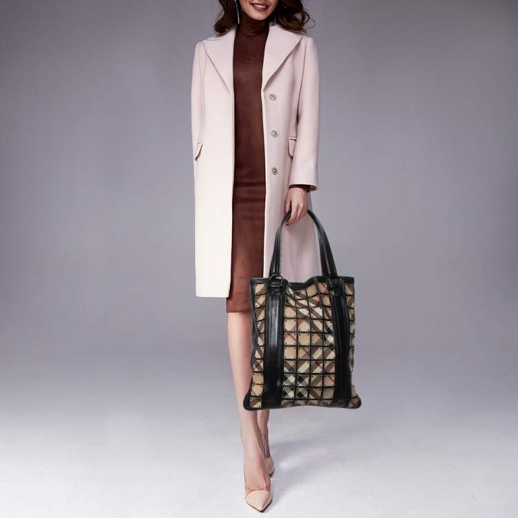 Pre Owned Burberry Brooke Warrior Beige/Black Nova Check PVC and Leather Studded Tote