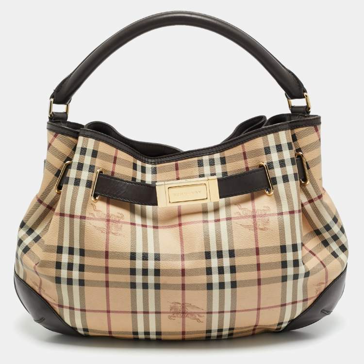Pre Owned Burberry Willenmore Medium Brown/Beige Haymarket Check PVC and Leather Hobo
