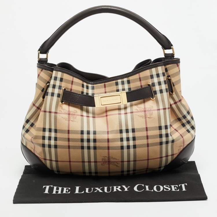 Pre Owned Burberry Willenmore Medium Brown/Beige Haymarket Check PVC and Leather Hobo
