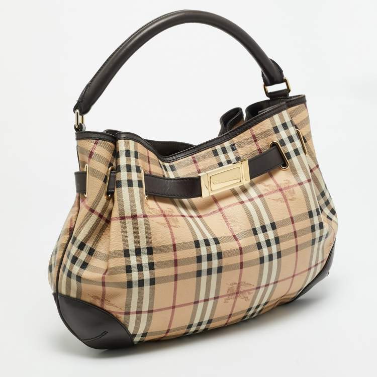 Pre Owned Burberry Willenmore Medium Brown/Beige Haymarket Check PVC and Leather Hobo