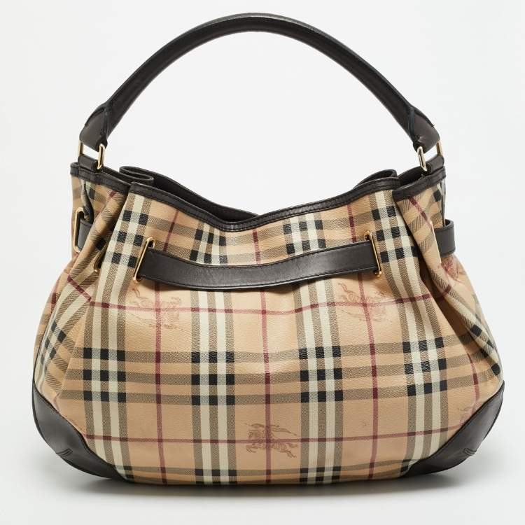 Pre Owned Burberry Willenmore Medium Brown/Beige Haymarket Check PVC and Leather Hobo
