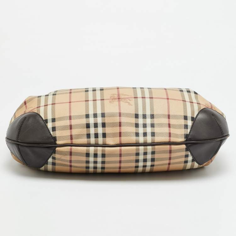 Pre Owned Burberry Willenmore Medium Brown/Beige Haymarket Check PVC and Leather Hobo