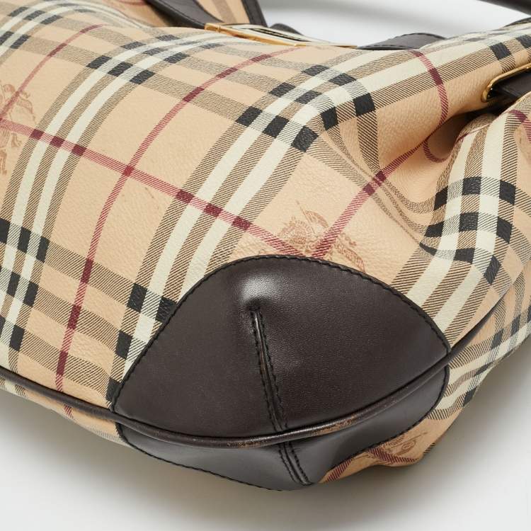 Pre Owned Burberry Willenmore Medium Brown/Beige Haymarket Check PVC and Leather Hobo
