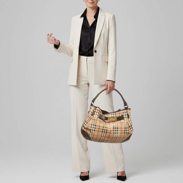 Pre Owned Burberry Willenmore Medium Brown/Beige Haymarket Check PVC and Leather Hobo