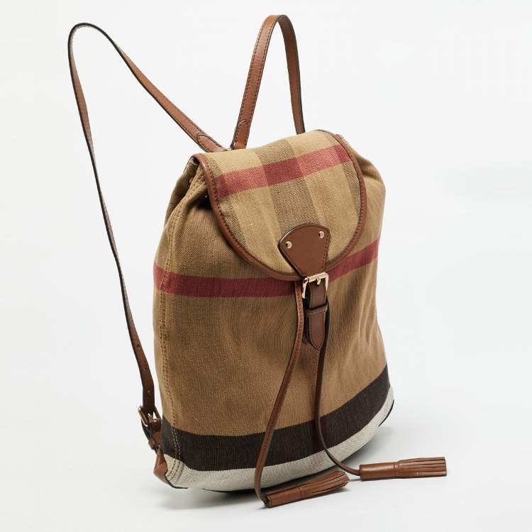Pre Owned Burberry Chiltern Beige Mega Check Canvas Drawstring Backpack