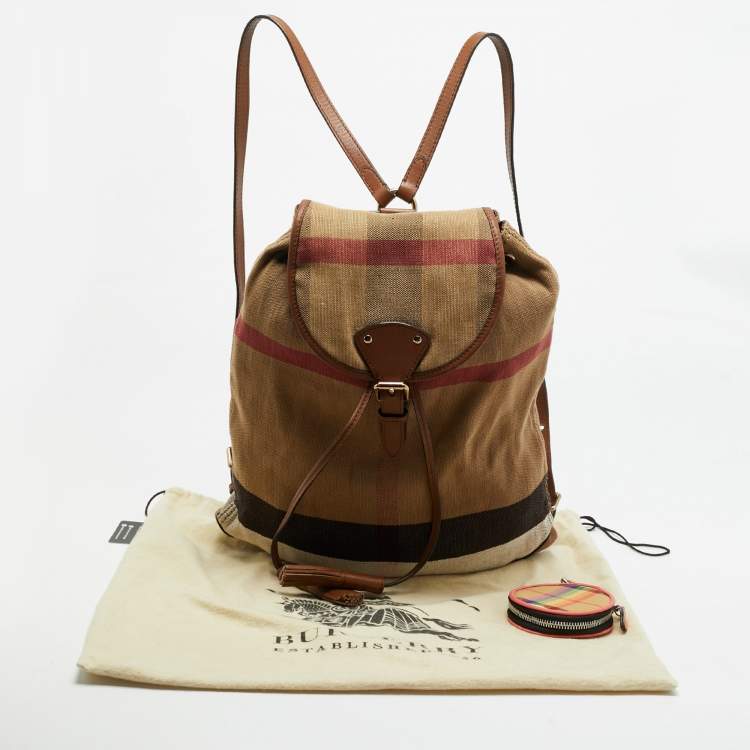 Pre Owned Burberry Chiltern Beige Mega Check Canvas Drawstring Backpack