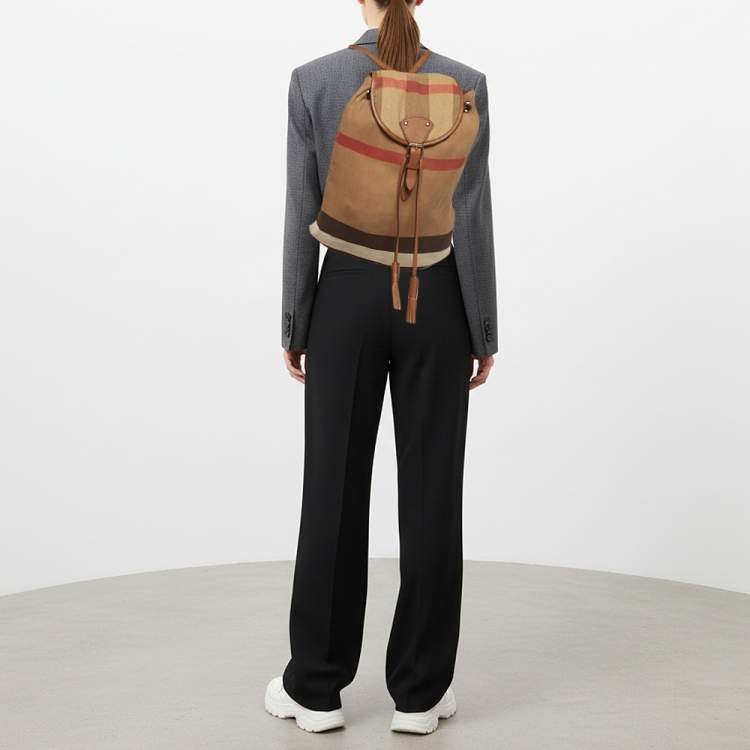 Pre Owned Burberry Chiltern Beige Mega Check Canvas Drawstring Backpack