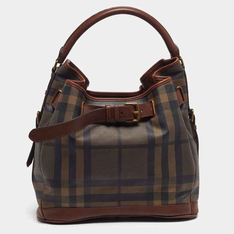 Pre Owned Burberry Walden Brown Smoked Check PVC and Leather Hobo